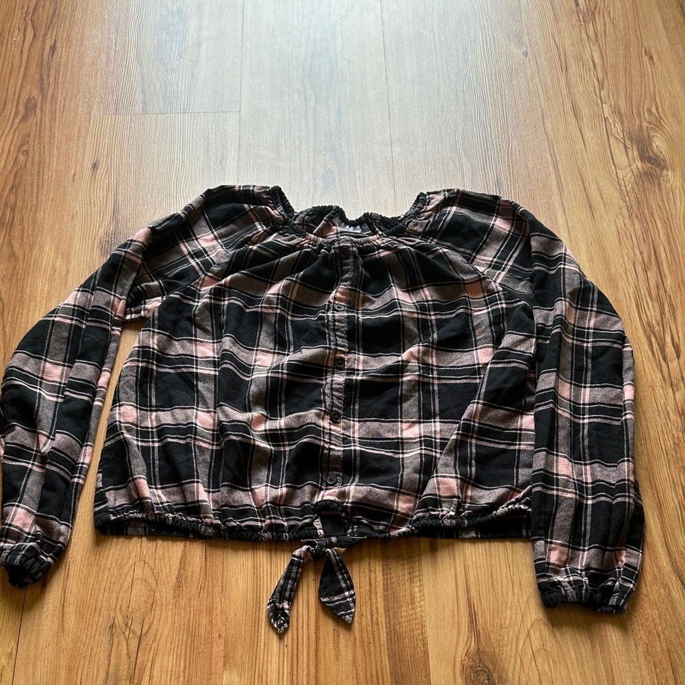 The Children's Place Girls Black & Pink Plaid Cropped Tie-Front‎ Top Size XXL 16